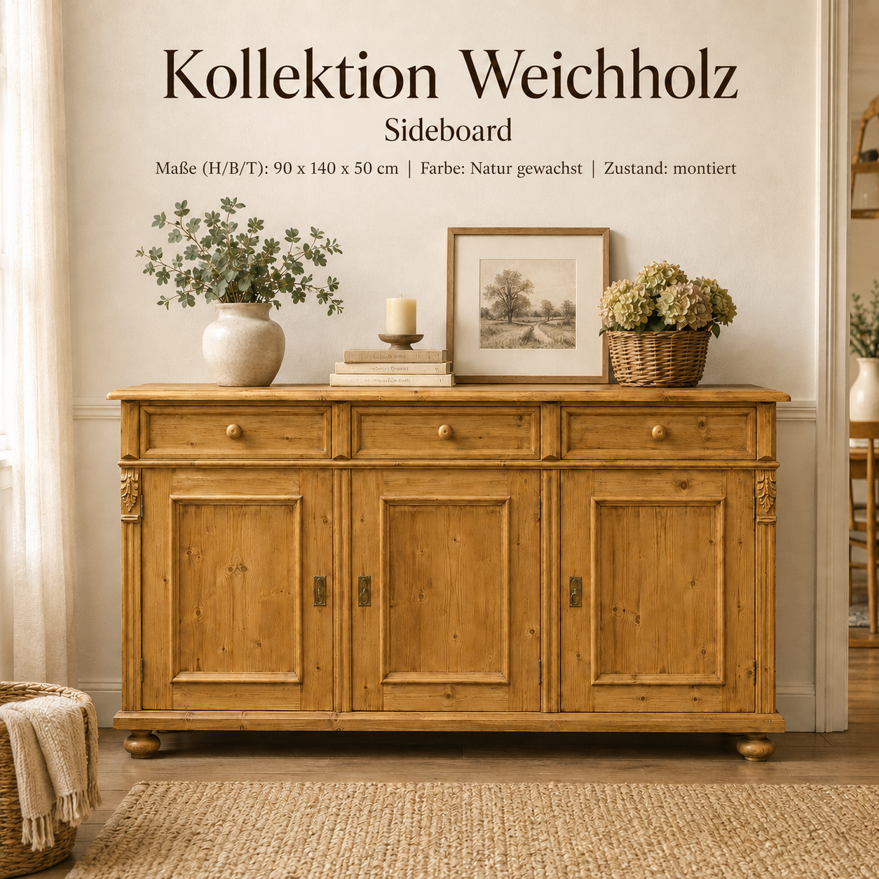 Gründerzeit Anrichte Weichholz 140 cm Sideboard, Kommode