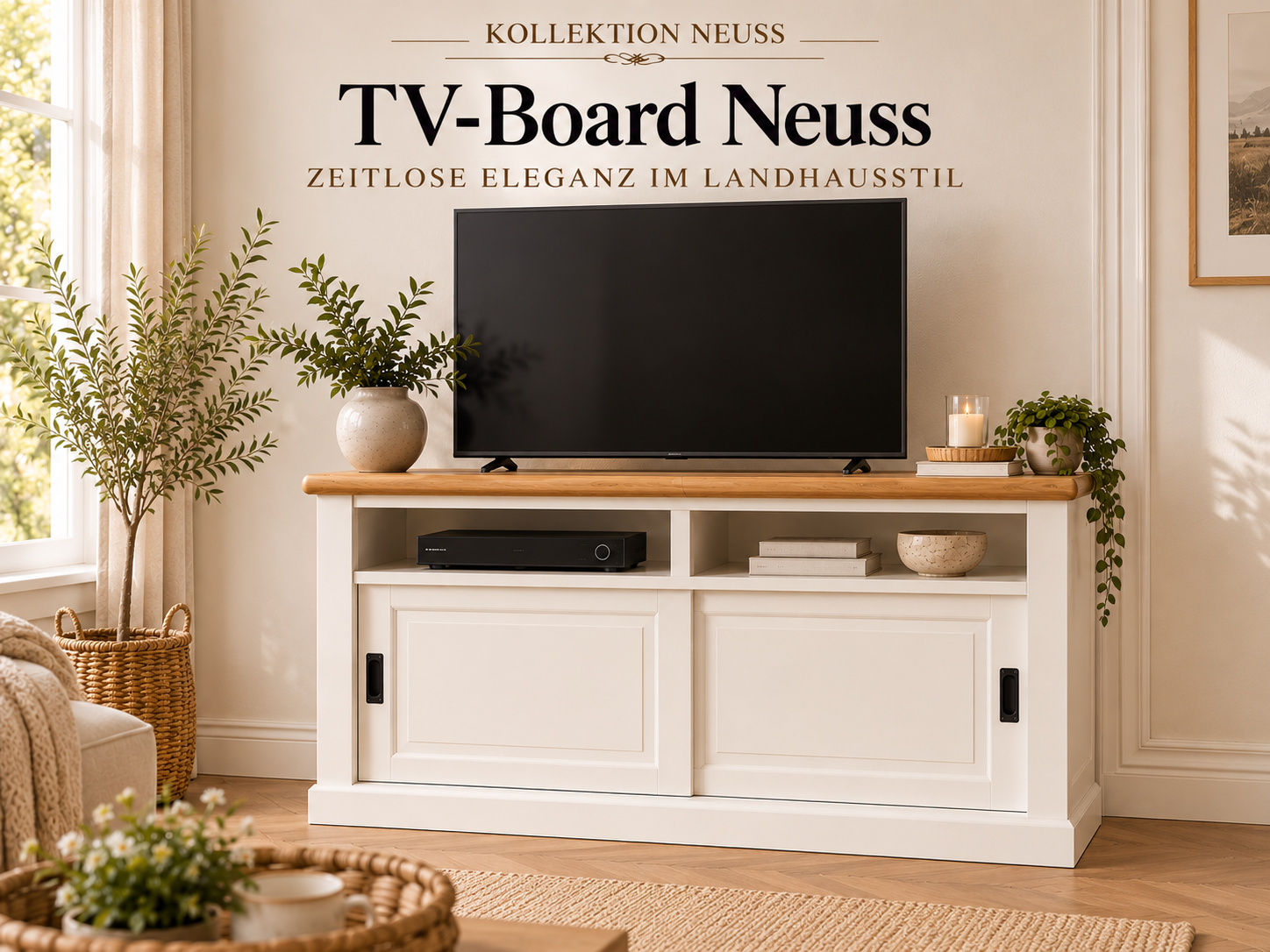 TV-Board Neuss – 125 cm - Weiß mit Eichenplatte im Landhausstil