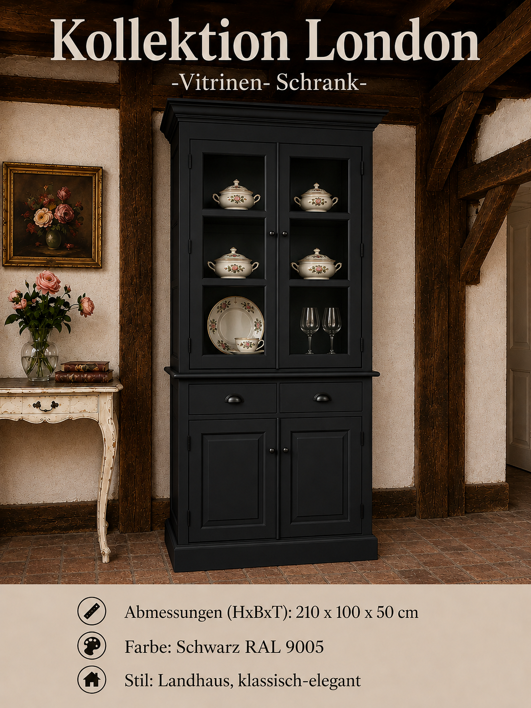 Vitrinen Schrank London schwarz – Landhausstil, 2 Schubladen, 100 breit
