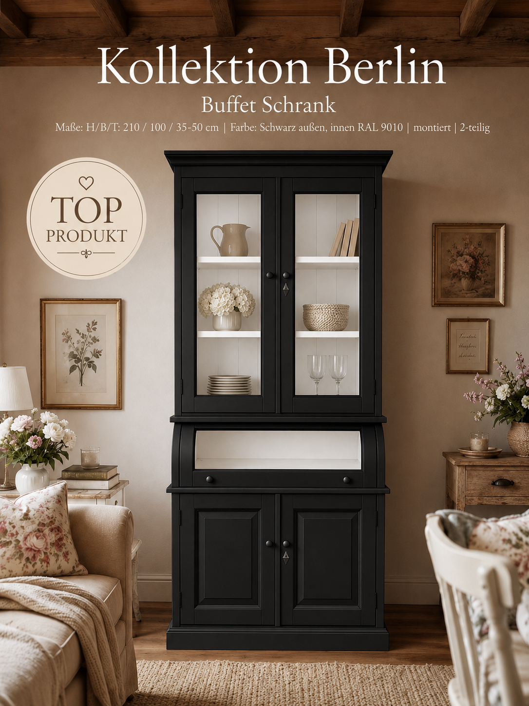 Buffet Schrank Berlin 100 cm schwarz/ weiß Landhaus- Stil