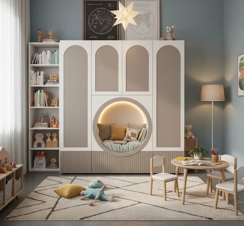 Moderne Schrankwand mit runder Lesenische – Design Unikat