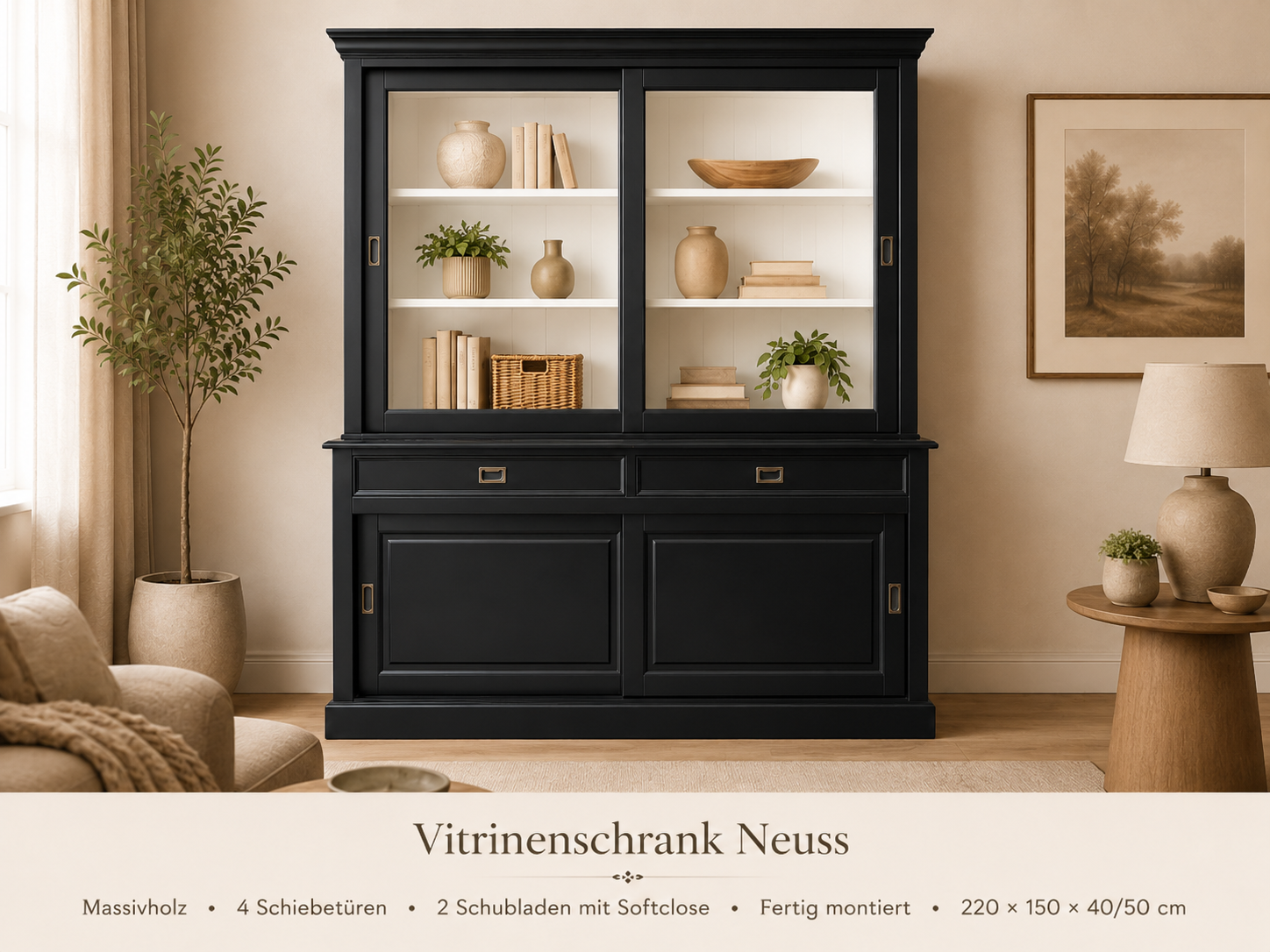 Landhaus Vitrinenschrank Neuss 150 cm Schwarz -Weiß Buffetschrank