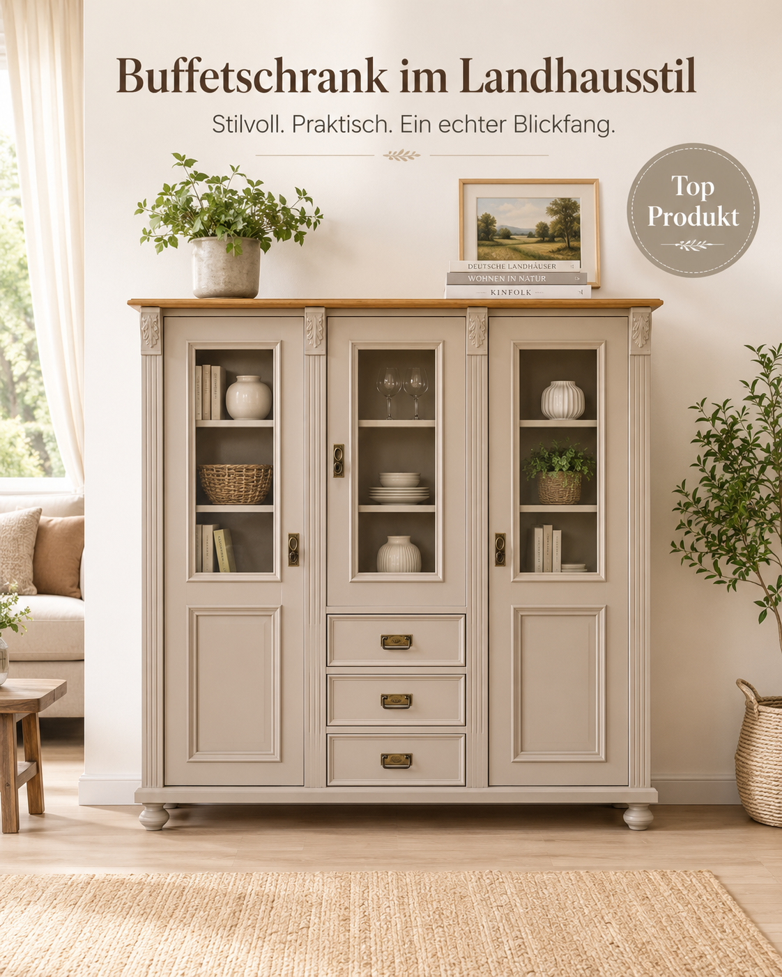 Premium Jugendstil Vitrine aus Weichholz – Landhaus-Stil, graubeige lackiert, handgefertigt