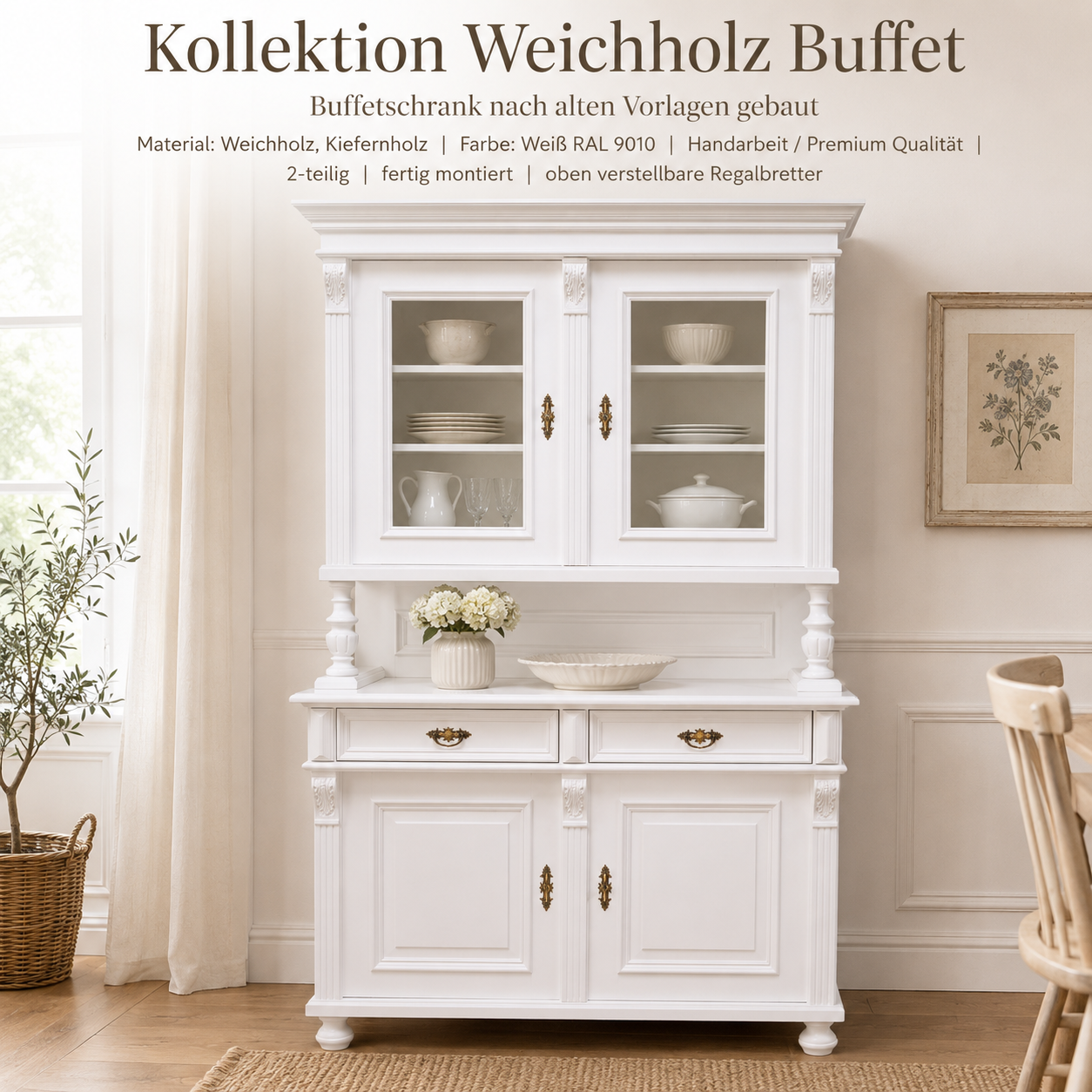 Premium Buffetschrank Massivholz – Landhausstil, Weiß, 2-teilig, Handarbeit