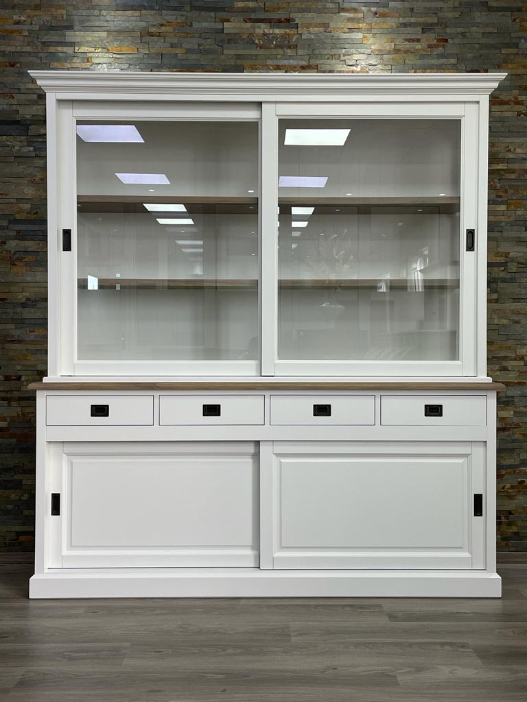 Vitrinenschrank Neuss 180 cm weiß mit Eiche – Landhaus Schrank