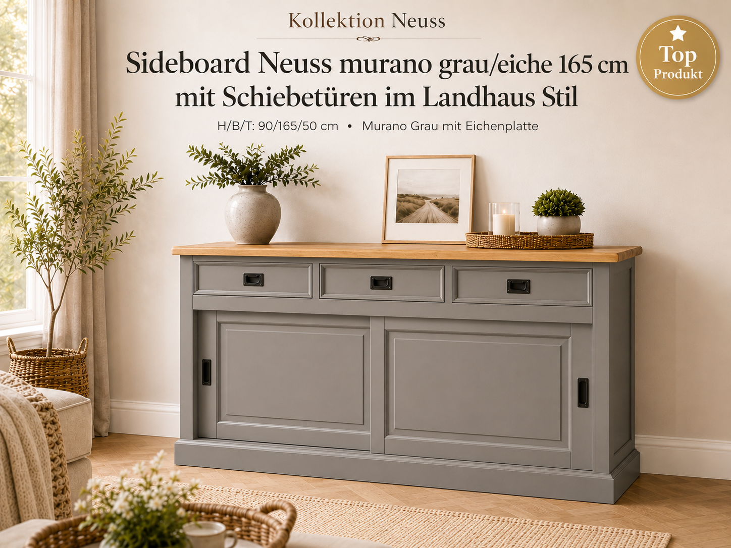 Sideboard Neuss 165 cm Murano/eiche - Anrichte Landhaus Kommode mit Schiebetüren