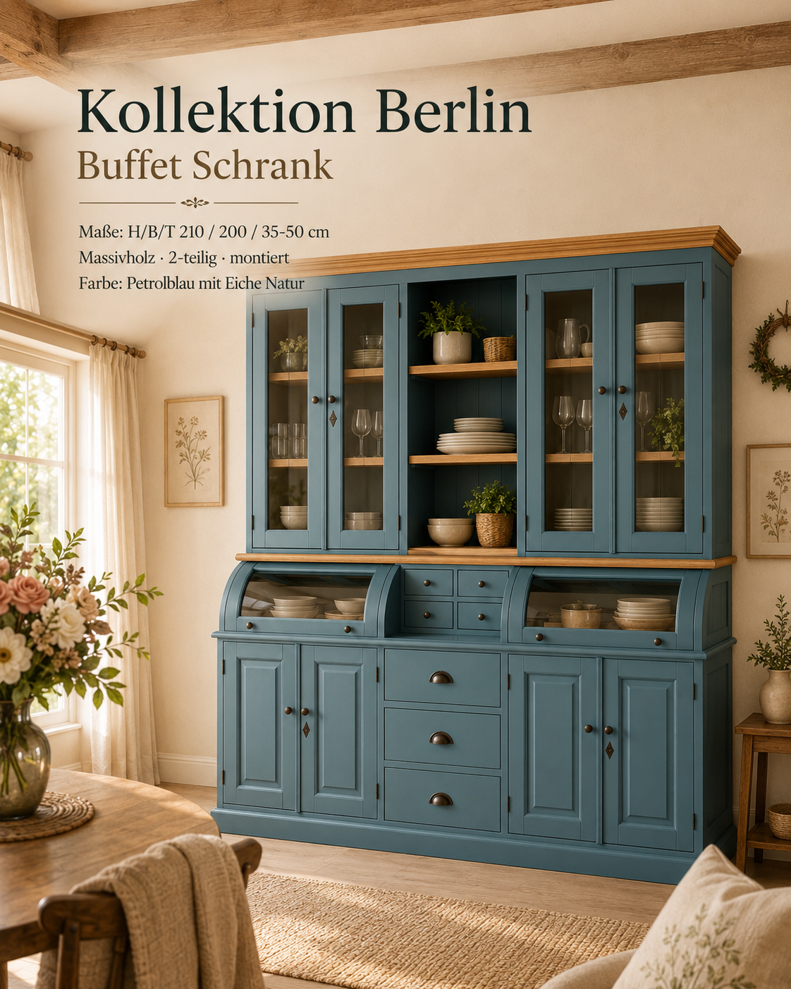 Landhaus Buffet Schrank Berlin 200 cm Wasserblau mit Eiche- Landhaus Möbel