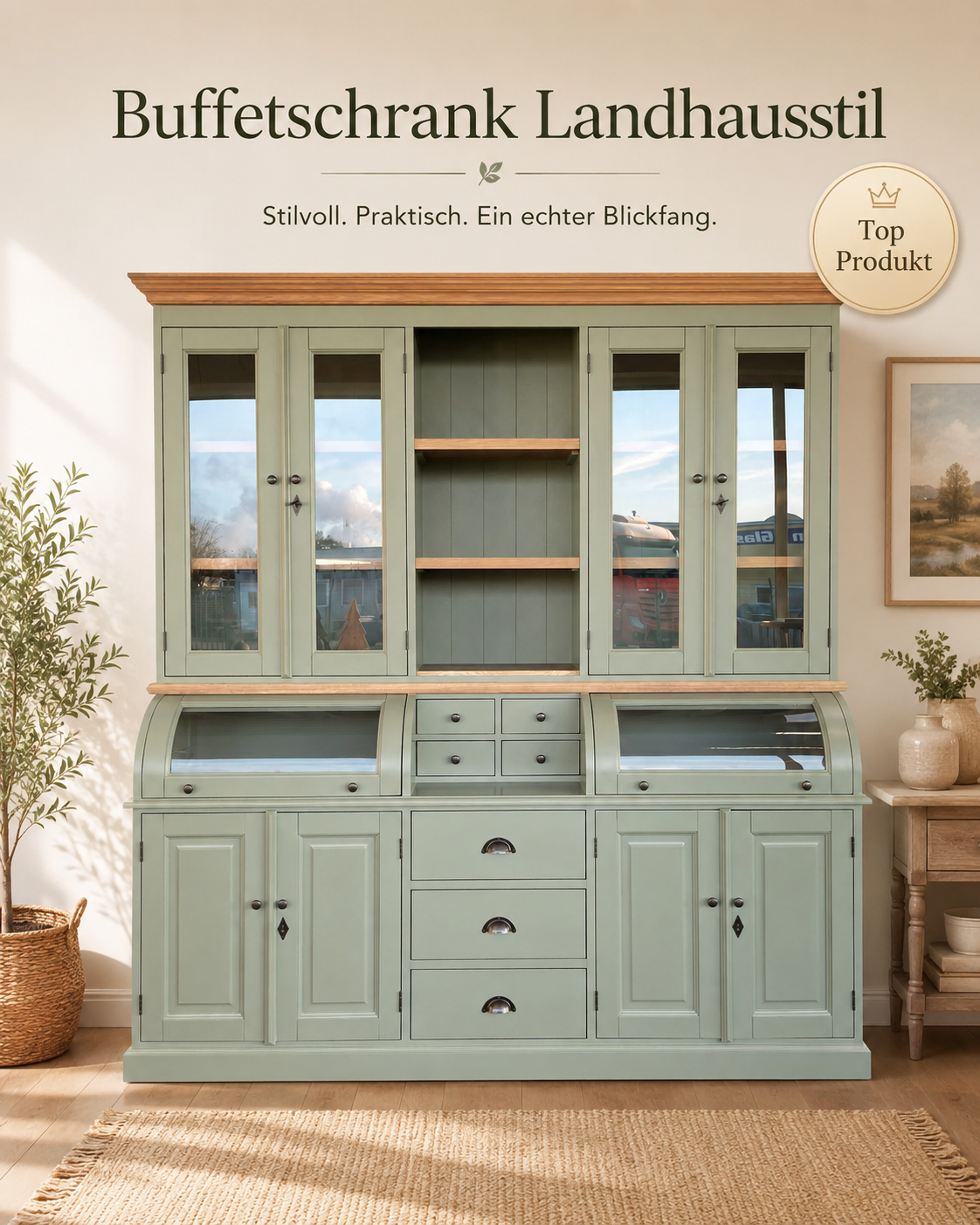 Buffet Schrank  Berlin 200cm Graugrün/Eiche - Landhaus Möbel