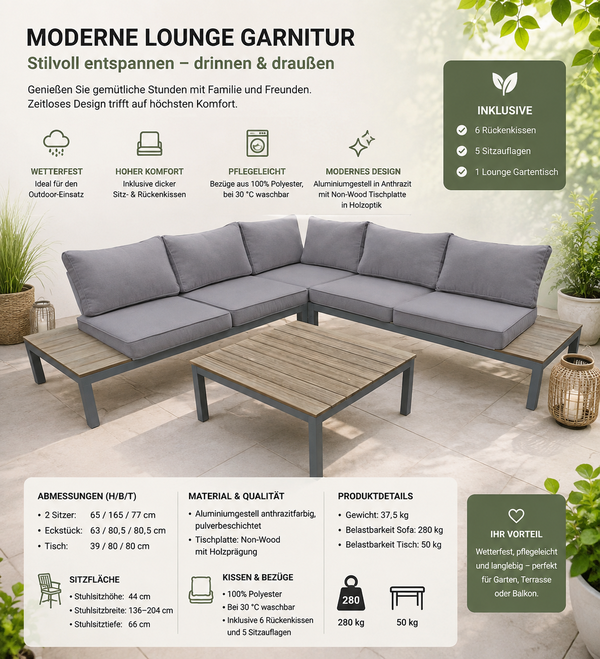 Gartenmöbel Lounge Set Valentina Inkl. Auflagen und Kissen 4-teilig, Garten, Terrasse, Balkon