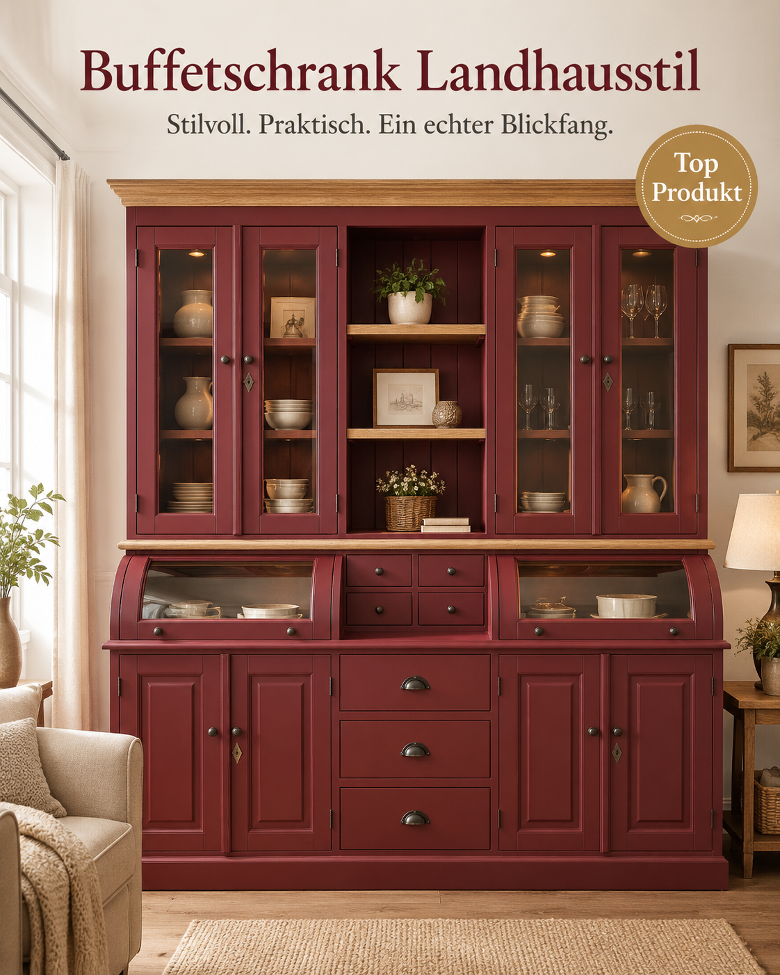 Landhaus Buffet Schrank Berlin 200 cm Rubinrot mit Eiche- Landhaus Möbel