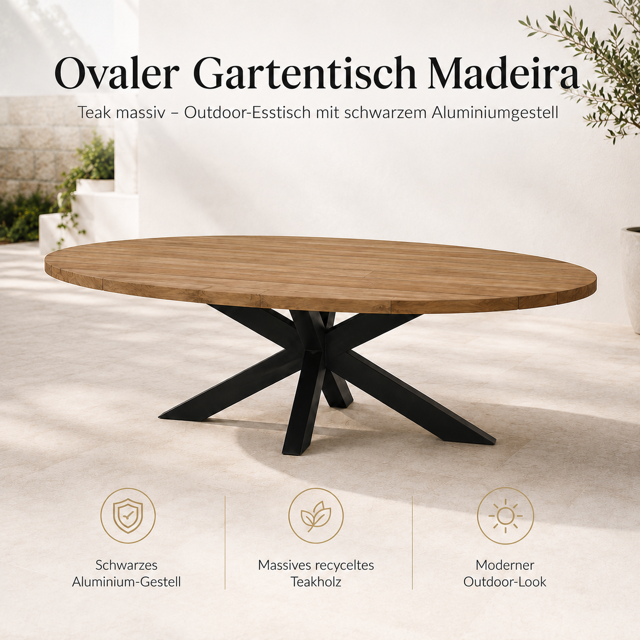 Ovaler Gartentisch Teak - Outdoor Tisch Massivholz 5cm Platte & Alugestell