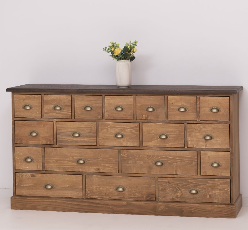 Apothekerschrank mit Eichenplatte 180 cm breit, 19 Schubladen Kommode Landhaus
