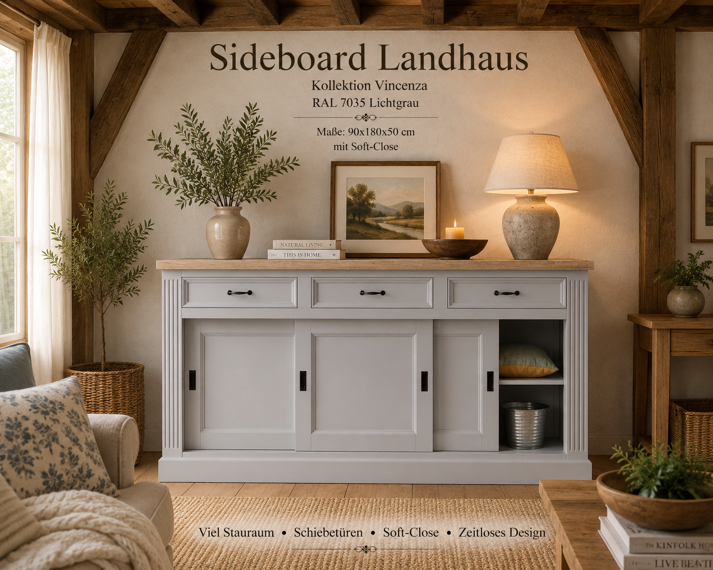 Sideboard Vincenza lichtgrau/eiche 180 cm mit Schiebetüren im Landhaus Stil