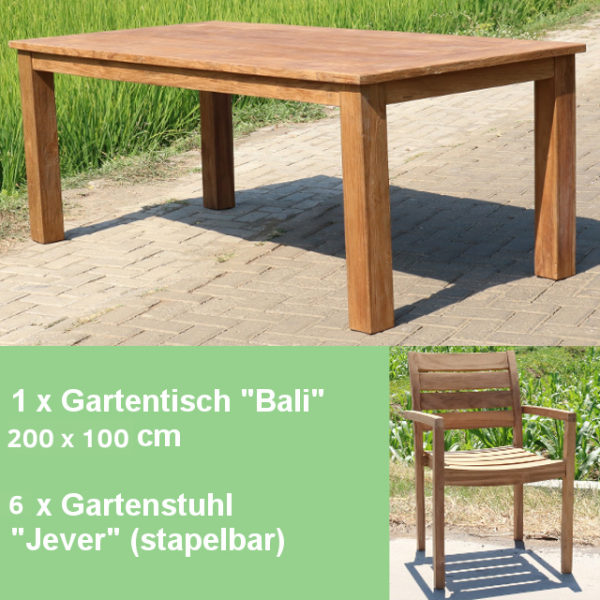 Gartenmöbel Set Bali Tisch 200 cm und 6 Stühle Jever Teakmöbel Outdoor Teakholz