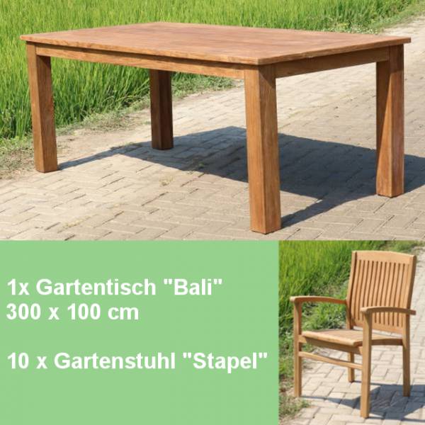 11-teiliges Teakholz Gartenmöbel Set Blackpool Tisch Bali 300 und 10 Stapel Stühle