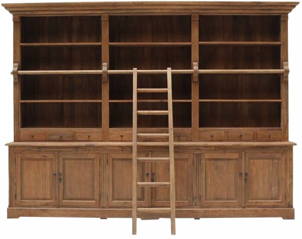 Bücherwand Heine Teak 300 cm Massivholz Regal mit Leiter Bibliothek Bücherschrank