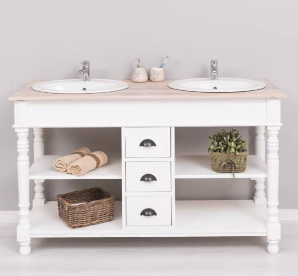 Massivholz Badezimmertisch für 2 Waschbecken mit gedrechselten Beinen und Eichenplatte