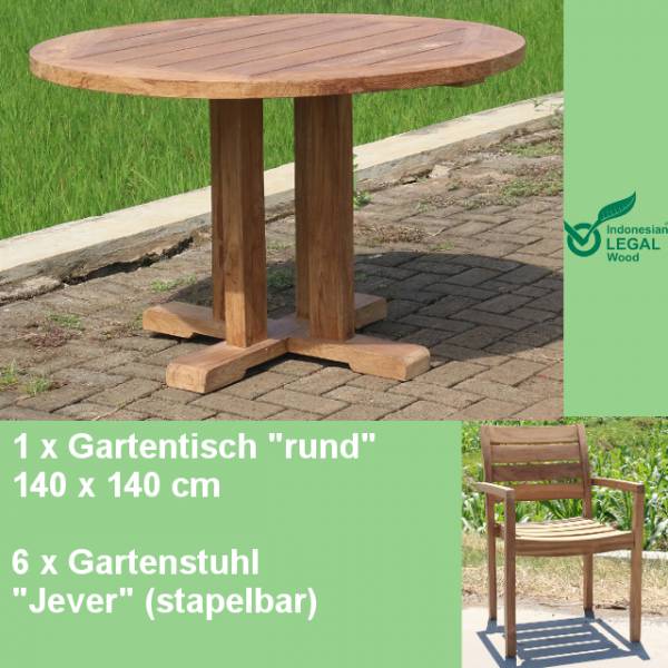 7-teiliges Teakholz Gartenmöbel Set Figueira Tisch 140cm Rund und 6 x Stuhl Jever