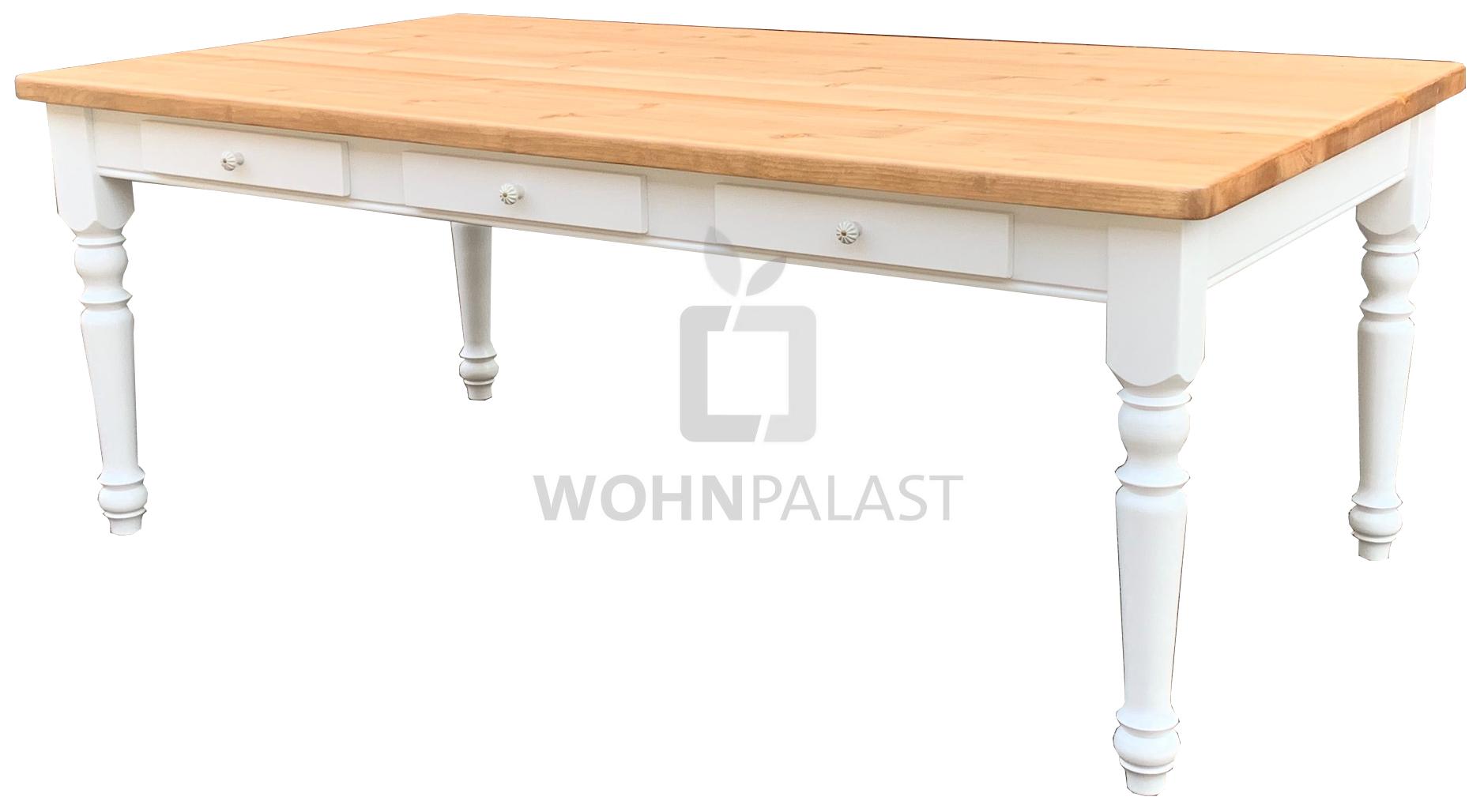 Landhaustisch Ruhpolding Aus Massivholz Mit Drei Schubladen Weiss Natur Geolt Esstische Bei Wohnpalast De