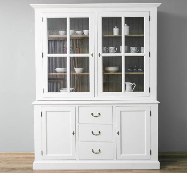 Küchenvitrine 179 cm breit mit Schubladen Landhaus Vitrine Wohnzimmerschrank