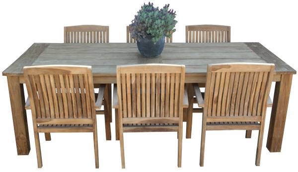 7-teiliges Teak Gartenmöbel Set Mai - Tisch 240cm und 6 Stapelstühle