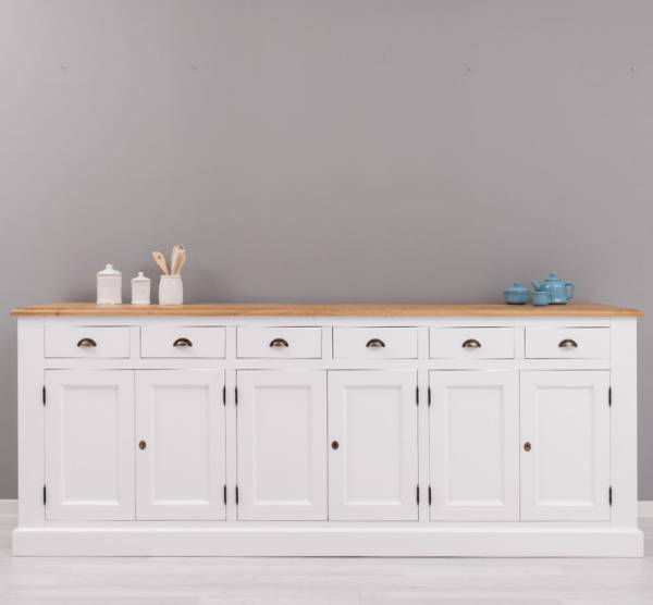Landhaus Sideboard mit 6 Türen und 6 Schubladen mit Eichenplatte Kommode 234 cm