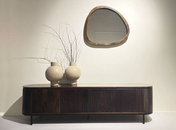 Noor Sideboard 170 cm Mangoholz 3 Türen Anrichte Mattpolitur Kommode Retro- Stil Dunkelfarbig
