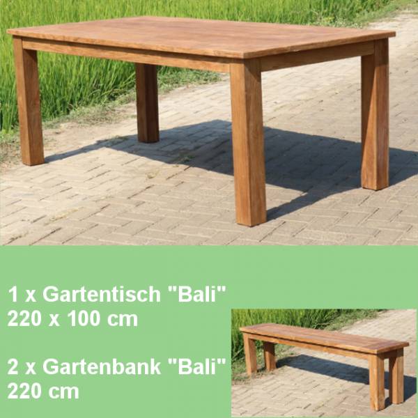 3-teiliges Teakholz Gartenmöbel Set Saltum Gartentisch 220cm und 2x Gartenbank Bali 220cm