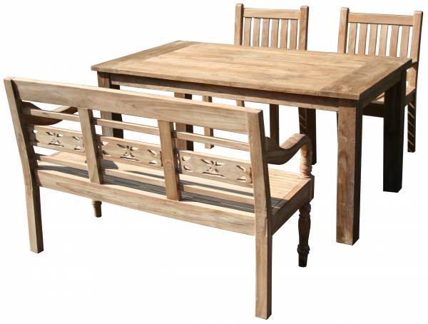4-teiliges Teakholz Gartenmöbel Set Helgoland Gartentisch 160cm, 2Sühle und 3-Bitz Bank