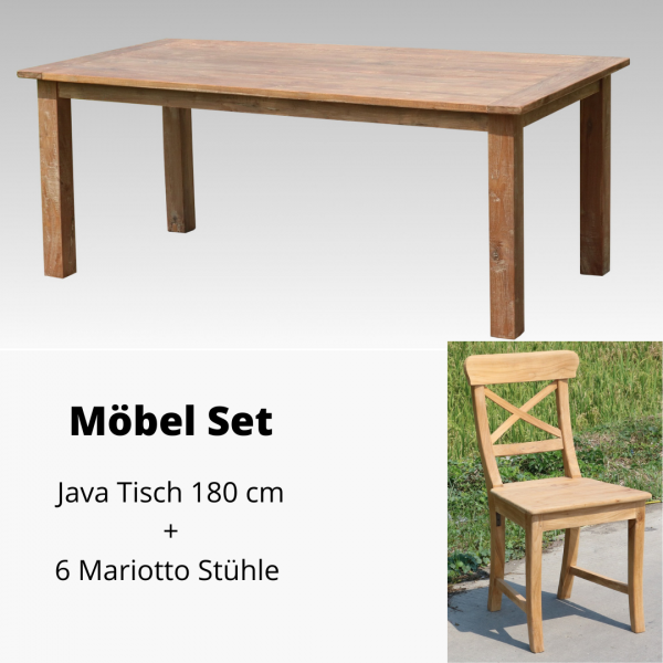 7-teiliges Teakholz Möbel Set Java Tisch 180 cm und 6 Mariotto Stühle