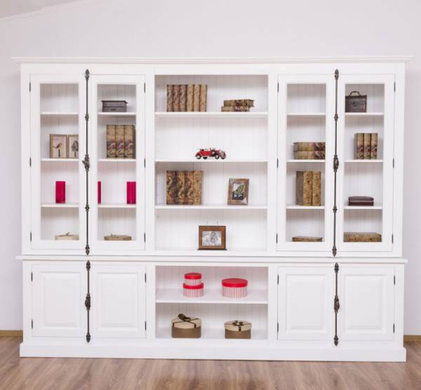 Französischer Landhausstil - 2-teilige Glasvitrine 300cm - Wohnzimmerschrank Bücherwand Massivholz