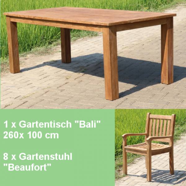 SALE!!! 9-teiliges Teakholz Gartenmöbel Set Mesquida - Teak Tisch 260cm und 8 x Stuhl Beaufort