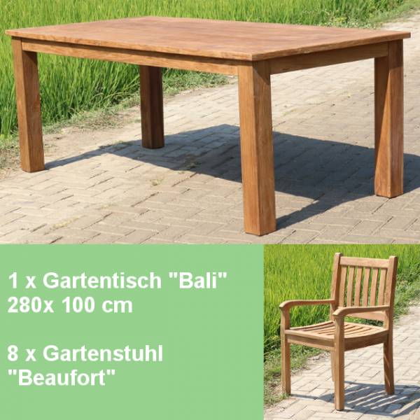 9-teiliges Teakholz Gartenmöbel Set Margate Tisch 280cm und 8 Stuhl Beaufort