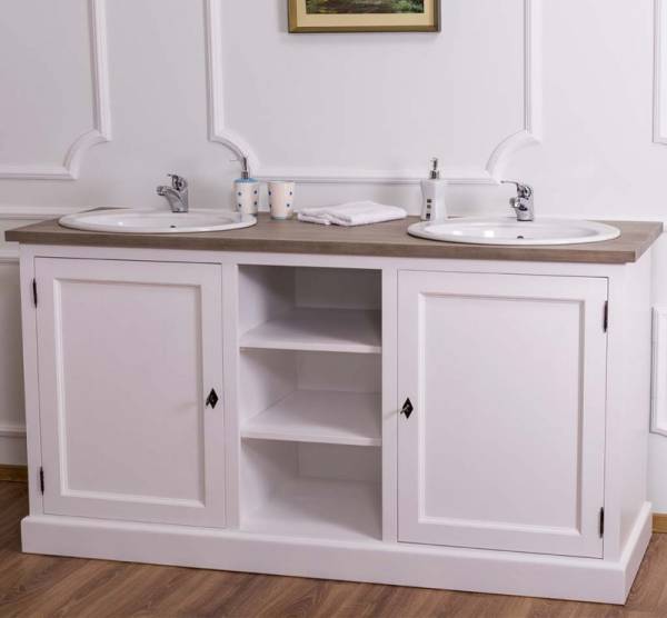 Massivholz Badezimmertisch weiß für 2 Waschbecken - Badmöbel