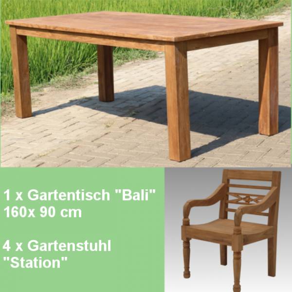 5-teiliges Teakholz Gartenmöbel Set Corralejo - Tisch Bali 160 und 6 x Stuhl Station