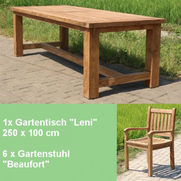Gartenmöbel Set - Tisch Leni 250cm und 6 x Stuhl Beaufort Outdoor Teakmöbel