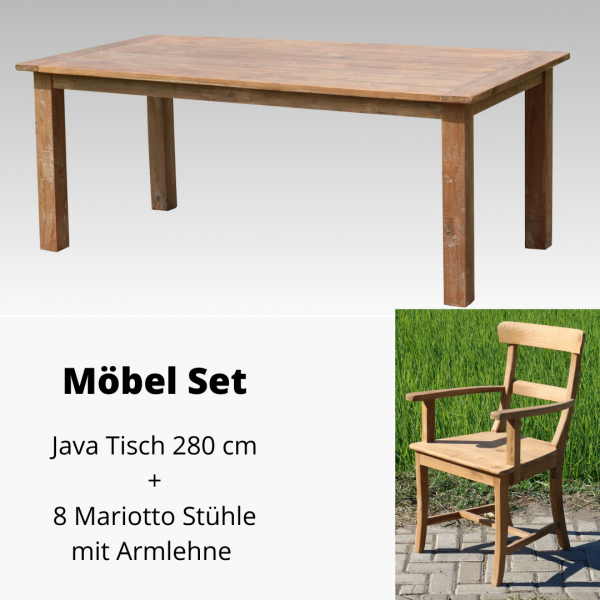9-teiliges Teakholz Möbel Set Java Tisch 280 cm und 8 Mariotto Stühle mit Armlehne