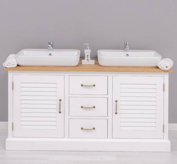 Massivholz Badezimmertisch für 2 Waschbecken mit Eichenplatte - - Badezimmer Möbel
