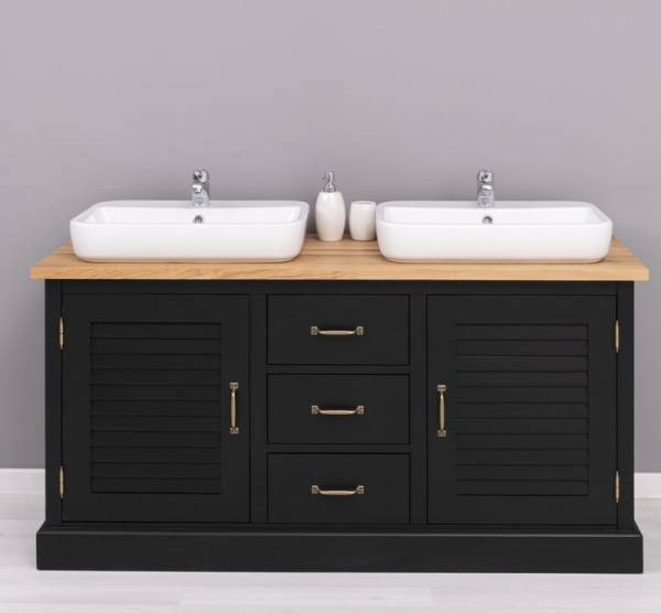 Massivholz Badezimmertisch für 2 Waschbecken mit Eichenplatte - Badmöbel