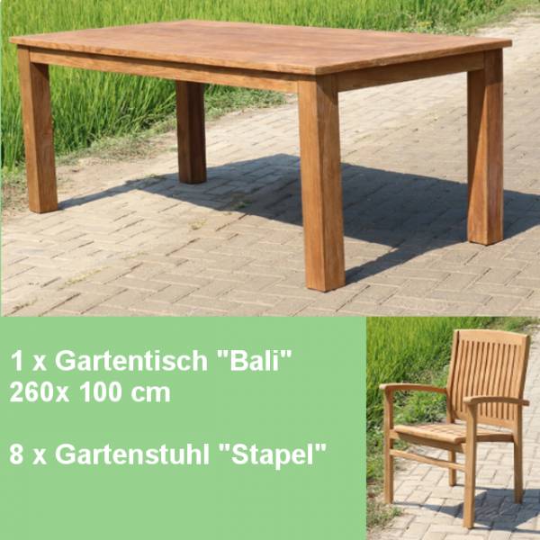 Gartenmöbel Set Malibu Gartentisch Bali 260 + 8 stapelbare Gartenstühle Teakmöbel Outdoor