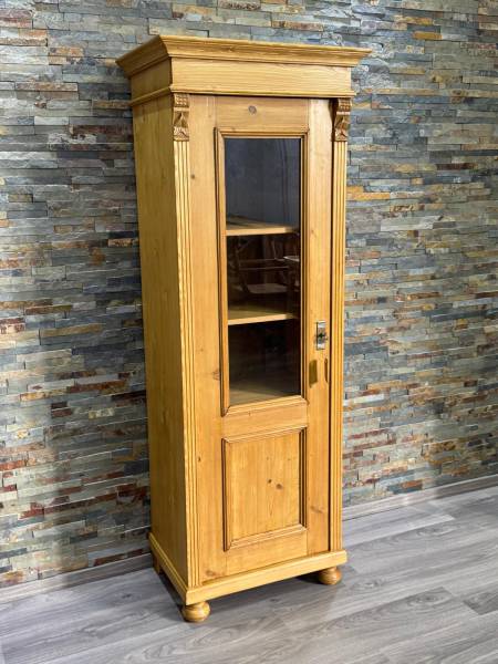 Jugendstil Vitrinen Schrank mit Glas aus Weichholz - Dielenschrank antik