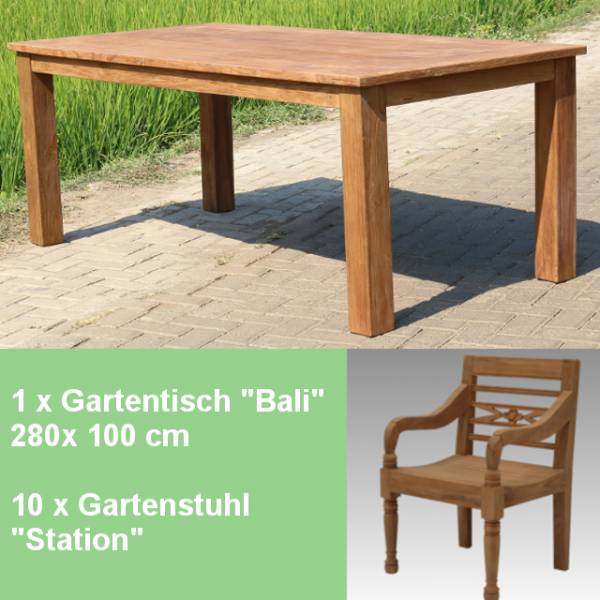 11-teiliges Teakholz Gartenmöbel Set Salatar Tisch 280 cm und 10 Station Stühle