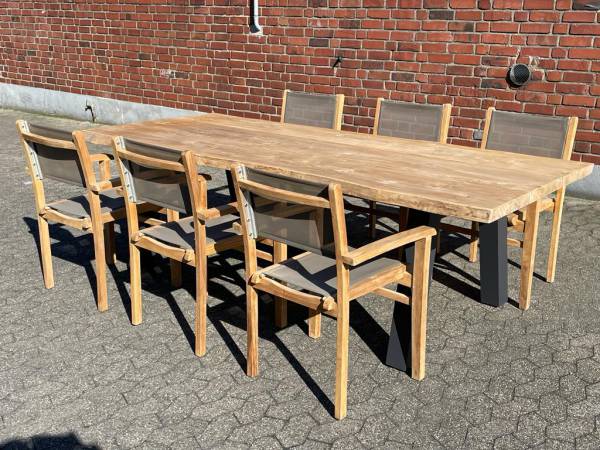 Teakholz Gartenmöbel Set - Pochon Designer Tisch 220 cm mit Baumkante und 6 Stühle Oldenburg