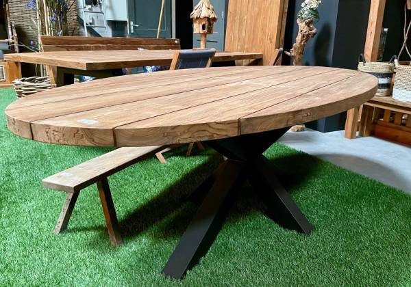 Ovaler Gartentisch Teak - Outdoor Tisch Massivholz 5cm Platte &amp; Alugestell