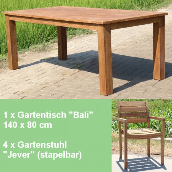 Gartenmöbel Set - Teak Tisch 140cm und 4 Stapel Stühle Jever Teakmöbel Outdoor