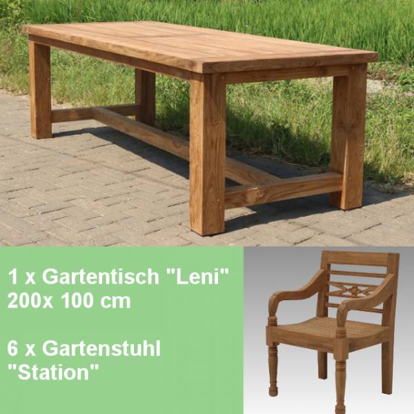 7-teiliges Teakholz Gartenmöbel Set Marbella Tisch Leni 200cm und 6 Station Stühle