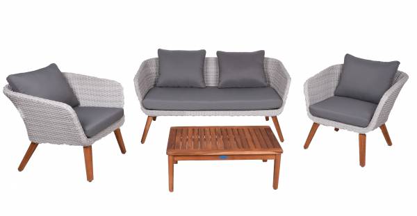 Sitzgruppe Arona Akazie grau FSC, 4-teilig Inkl. Auflagen und Kissen, Garten, Terrasse, Balkon