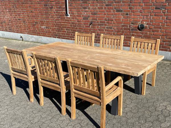 Teakholz Gartenmöbel Set - Pochon Designer Tisch 220 cm mit Baumkante und 6 Stühle Beaufort