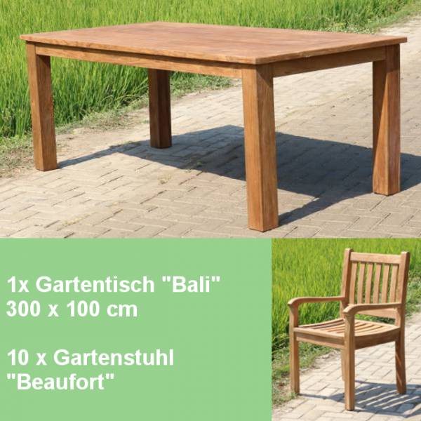 11-teiliges Teakholz Gartenmöbel Set Studland - Tisch Bali 300cm und 10 Stühle Beaufort